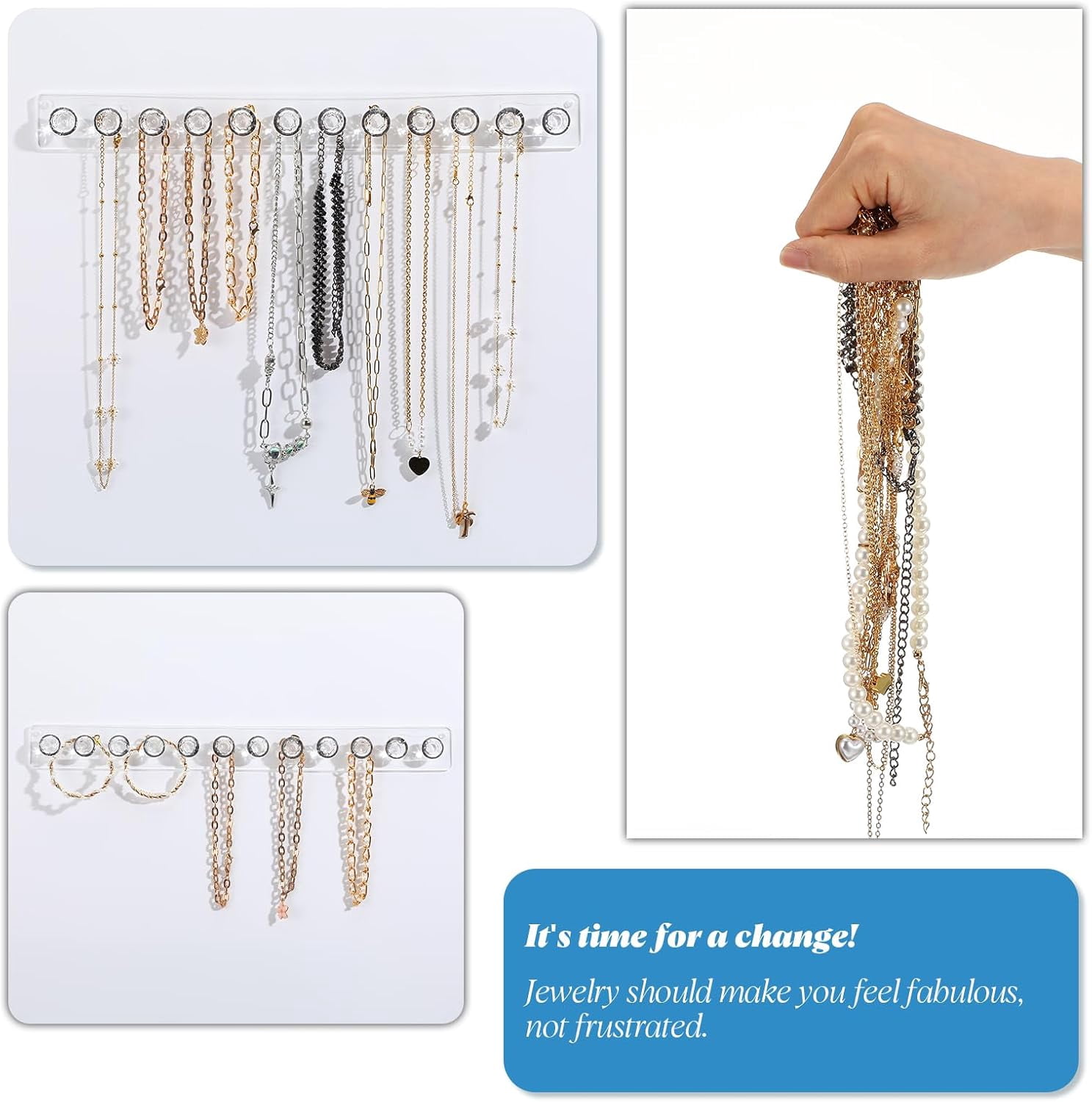 ABPETE Acrylic Necklace Holder, Necklace Hanger Wall Mount, Diamond Shape Jewelry Organizer with 12 Hooks for Necklaces, Bracelets, Chains,Clear Crystal Display Rack for Women(4-Pack)
