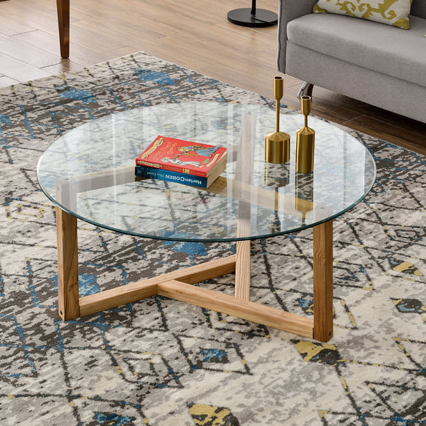 Sy Wood Base Modern Cocktail Table, Coffee Table With Glass Top And Wood Bottom