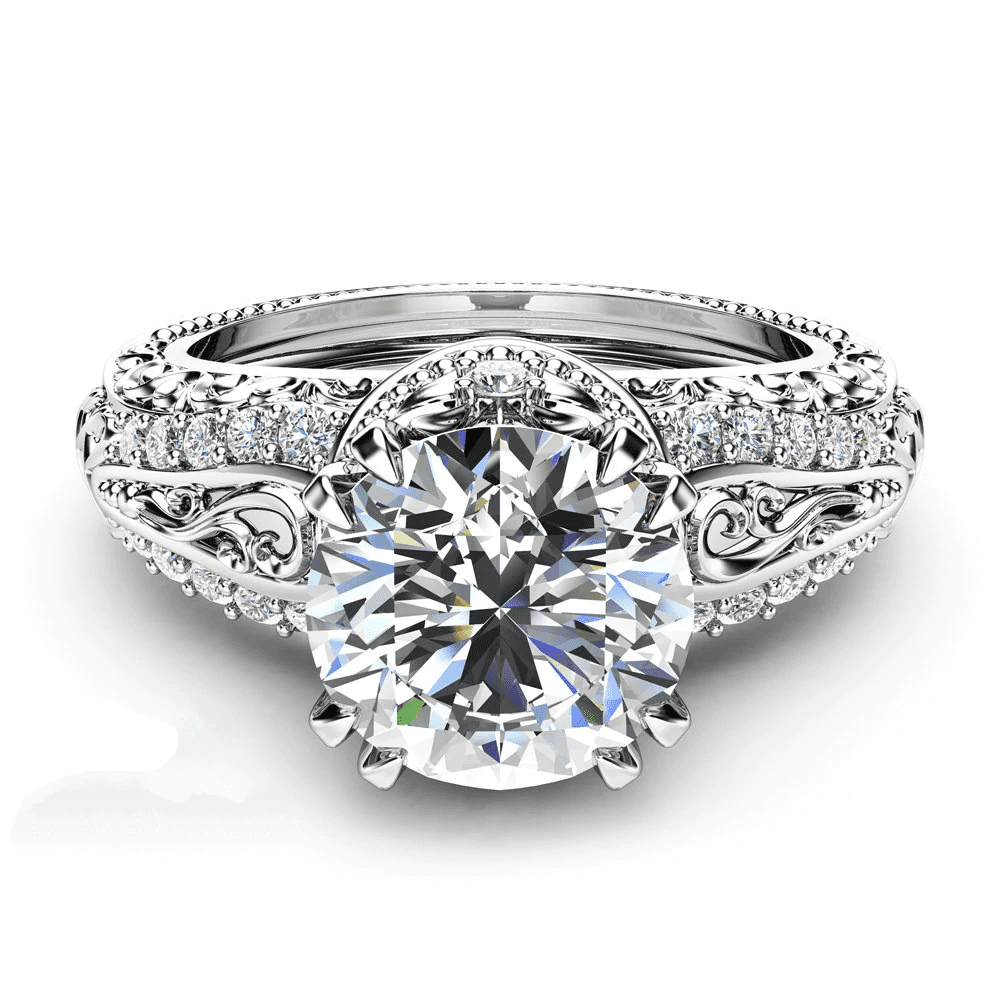 HeartsAndYou 2ct Round Cut Moissanite Engagement Ring for Women 18k White Gold over Silver Filigree Vintage Inspired