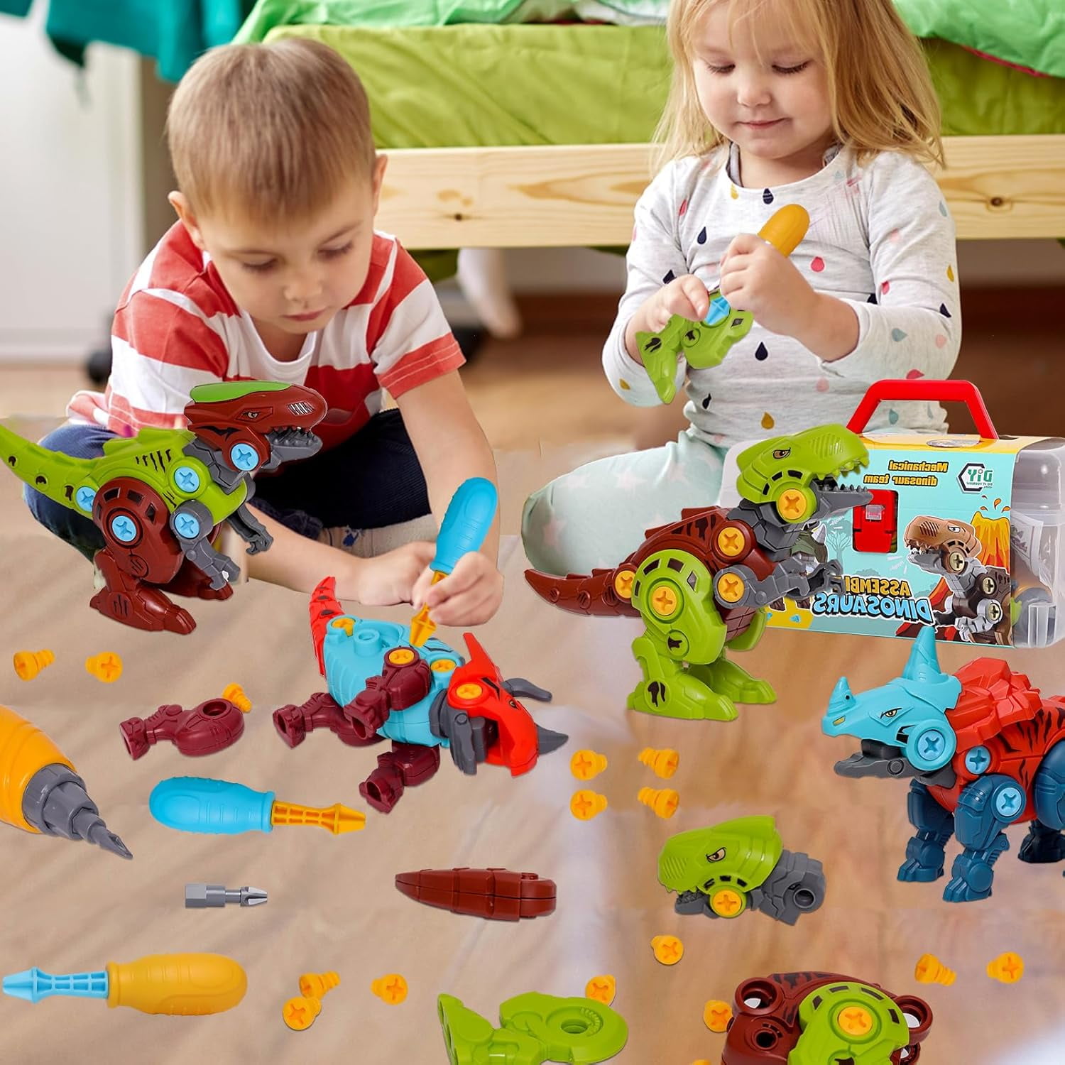 LINXUXIE 4 Pack Take Apart Dinosaur Toys, Educational Building Construction Toys with Drill,  Engineering Birthday Gifts for 1-3 3-5 5-8 Year Old