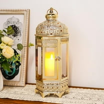 Moroccan Candle Lantern15'' Gold Hexagonal Candle Holder with Tempered Glass Decorative Indoor Outdoor Ramadan Lantern