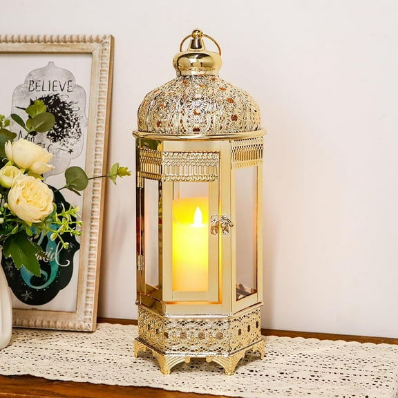 Moroccan Candle Lantern15'' Gold Hexagonal Candle Holder with Tempered Glass Decorative Indoor Outdoor Ramadan Lantern