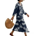 thumbnail image 3 of COEQINE Women's Midi Dress 3/4 Sleeve Wrap V-Neck Casual Sundress, Zen Style Oriental Loose Fit Linen-Like Calf Length Tunic Dress for Women, Machine Washable, Size 3XL, Navy White Bamboo Print, 3 of 6