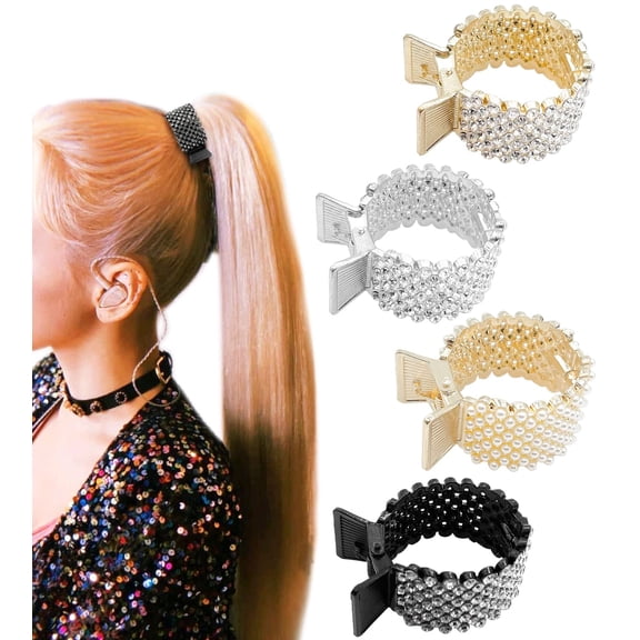 4 Styles High Ponytail Hair Clips, Rhinestone Hair Barrettes Pearl Spring Metal Claw Clips, Hair Cuff Clips Decorative Ponytail Buckle Holder for Women Girls Thick Thin Hair Accessories Birthday Gift