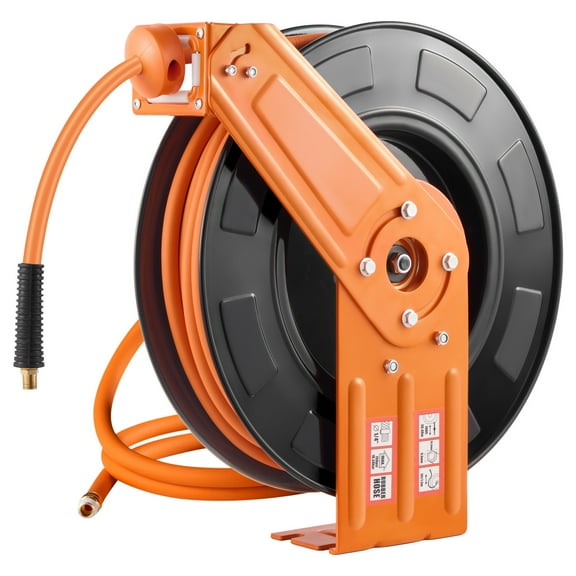 KFFKFF Retractable Air Hose Reel, 3/8IN x 100FT Durable Rubber Air Hose with a Maximum of 300PSI, Air Pump Hose Reel with 5FT Initial Lead in, Mountable on Ceiling/Wall