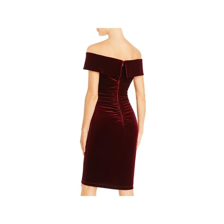 AQUA FORMAL Womens Burgundy Zippered Ruched Velvet Short Sleeve Off Shoulder Knee Length Cocktail Sheath Dress 4 Walmart