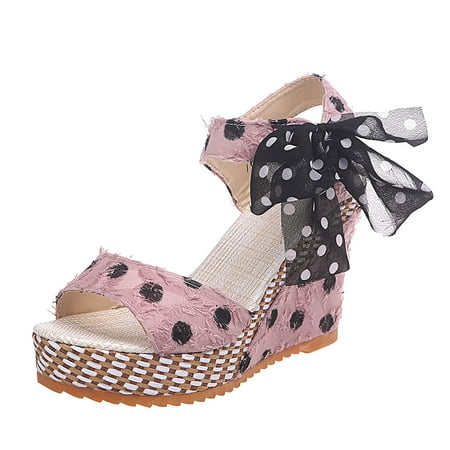 Womens Polka Dot Print Wedge Platform Sandals Sweet Cute Bowknot High Heels Summer Open Toe Ankle Strap Lolita Shoes
