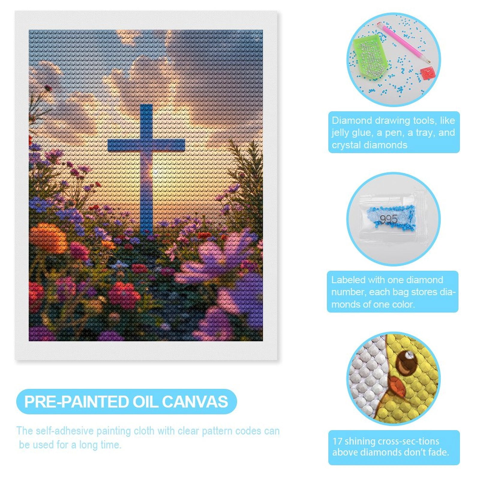 Diamond Art Kits for Adults - Sunset Flower Cross Landscape 5d Diamond Painting for Adults, Diamond Art for Adults Beginners, Frameless Diamond Painting Kits for Adults for Home Wall Decor