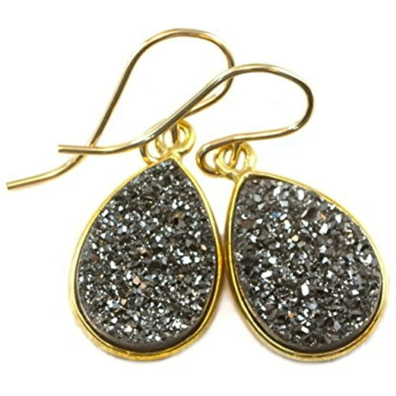 14k Gold Filled Drusy Earrings Black Grey Druzy Teardrop Goldtone Bezel Set Simple Drops Designed for Adult Women
