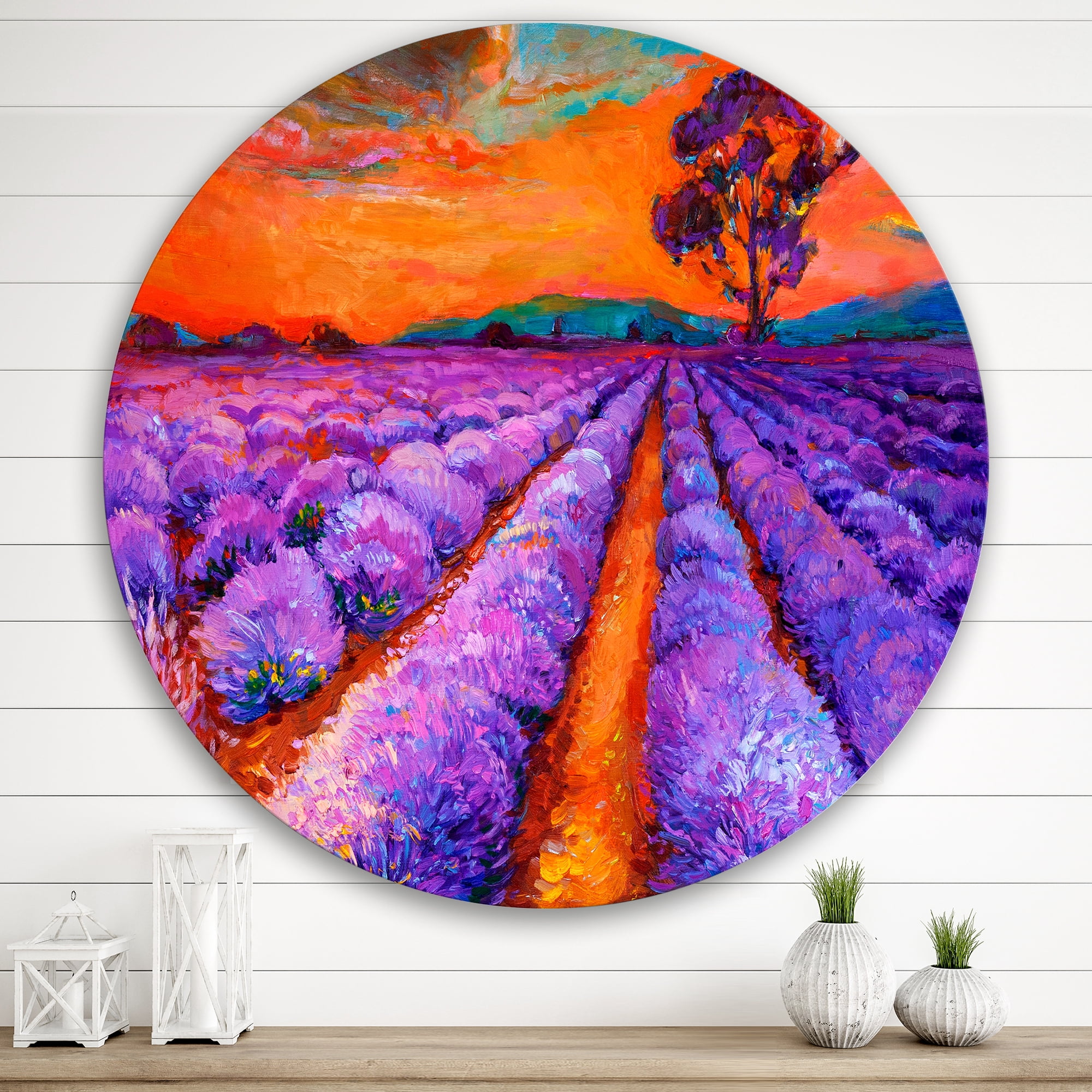 Designart 'An Orange Sunset Over Purple Lavender Fields I' Farmhouse Circle Metal Wall Art 29x29 - Disc of 29