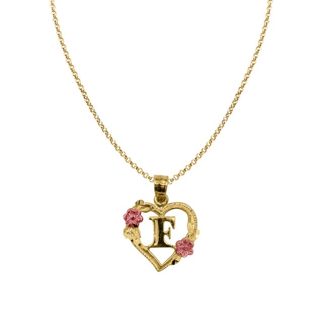 14k Two-tone Gold Flower and Heart-shaped Initial 'F' Pendant with 1.2mm Rolo chain
