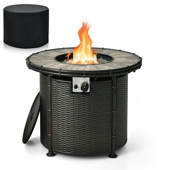 Gymax 32'' Round Fire Pit Table 30,000 BTU Propane Gas Firepit w/ Fire Glasses& Cover