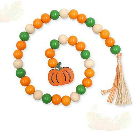 Huray Rayho Pumpkin Wood Bead Garland Decorations Farmhouse Fall Tiered Tray Decor Autumn Rustic Wooden Beads with Orange Plaid Tassels Pumpkin Ornaments