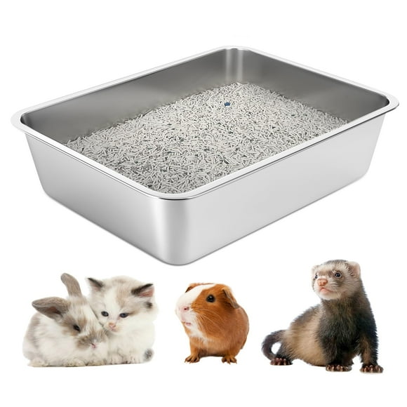 IKITCHEN Stainless Steel Cat Litter Box, Metal Cat Litter Tray with Anti-Slip Rubber Bottom, Kitty Litter Pan 17.5" L x 13.5" W x 6" H, Non Stic