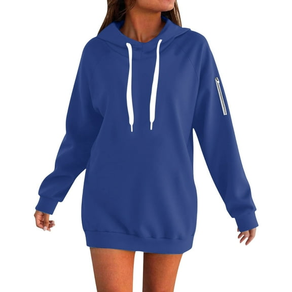 Women’s Oversized Long Hoodie Dress, Solid Color Long Sleeve Sweatshirt with Hood and Drawstring, Casual Loose Fit Pullover for Autumn Winter Daily Wear Blue