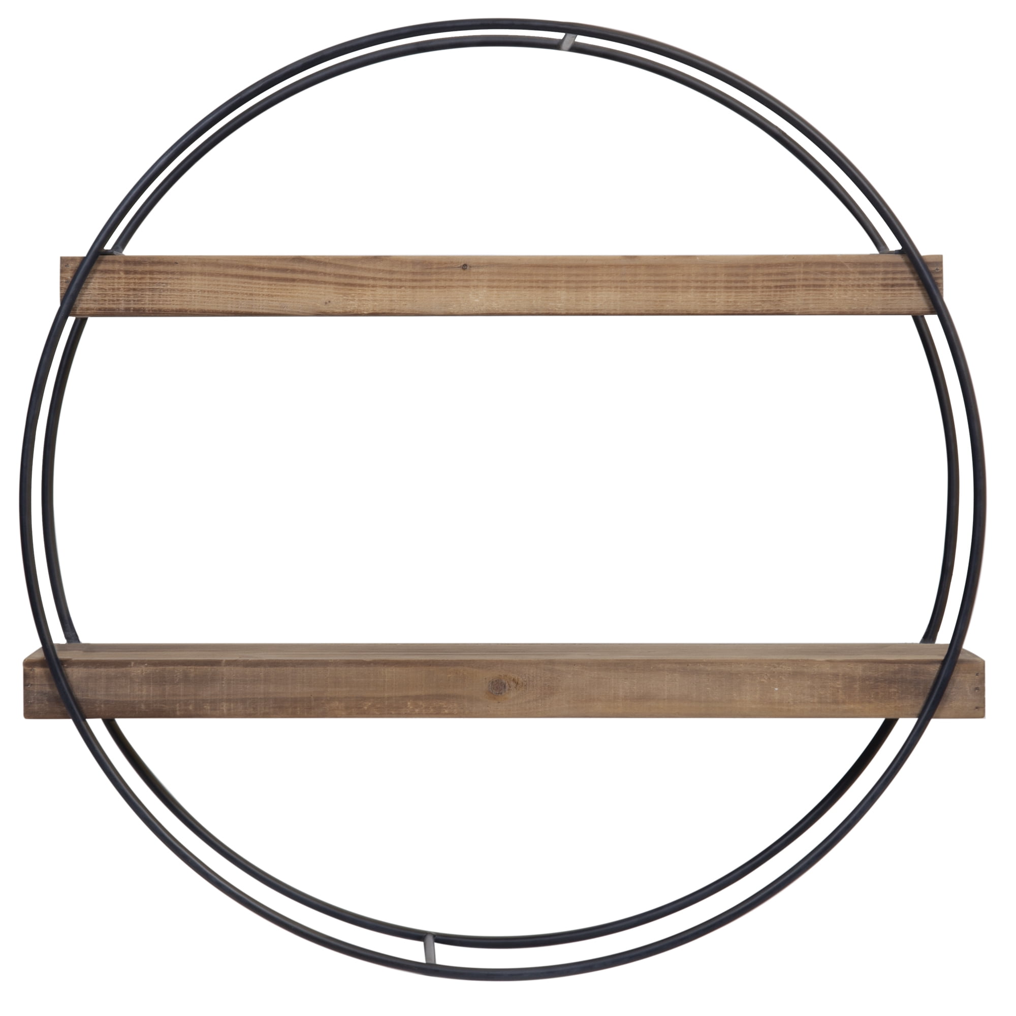 Rustic Industrial Large Metal Round 2 Wood Plank Wall Shelf Suspended Bar 