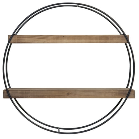 Gallery Solutions Industrial Round Wall Shelf, Black Metal and Wood