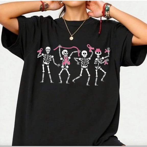 Pink ribbon T-Shirt for Women, Halloween Graphic Tee with Dancing Skeletons,Crew neck,Funny,cotton,black,S-5XL