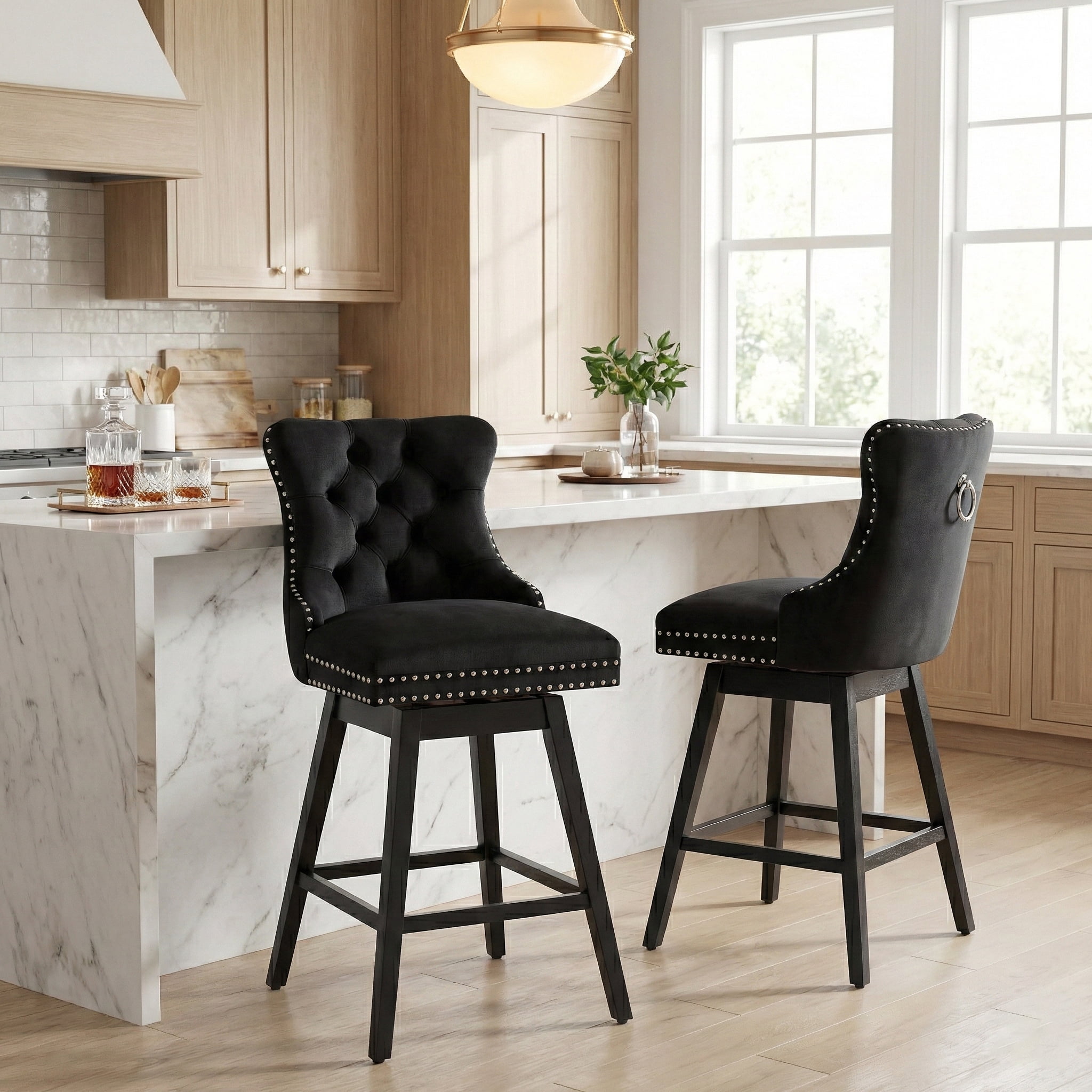 TEWLOSS 30" Swivel Bar Stools Set of 2, Black Velvet Bar Height Chairs with Back for Home Pub