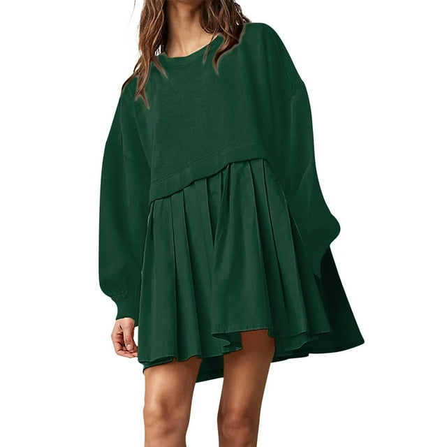 Robe Chandail Surdimensionnée pour Femmes Longue et Fluide à Empiècements, Chandail à Enfiler Mignon à Épaules Tombantes, Chandails d'Automne à Manches Longues, Mini-Robe, Adolescentes, Col Ras du Cou, Tunique Unie Plissée, Vêtements Amples Beig