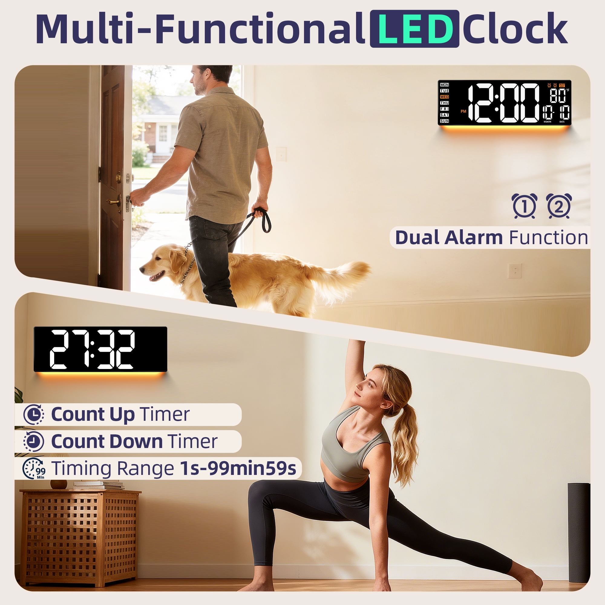 16.5" Large Digital Wall Clock with Remote Control, Auto-Dimming LED Display with Date Temp, Big Number Wall Mount Decor Clock for Seniors, Classroom, Dorm, Home, Office, Gym White