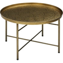 HYJY 24" Round Coffee Table with Hammered Tray Top, Vintage Metal Center Table for Living Room, Bedroom, Side Table, Gold