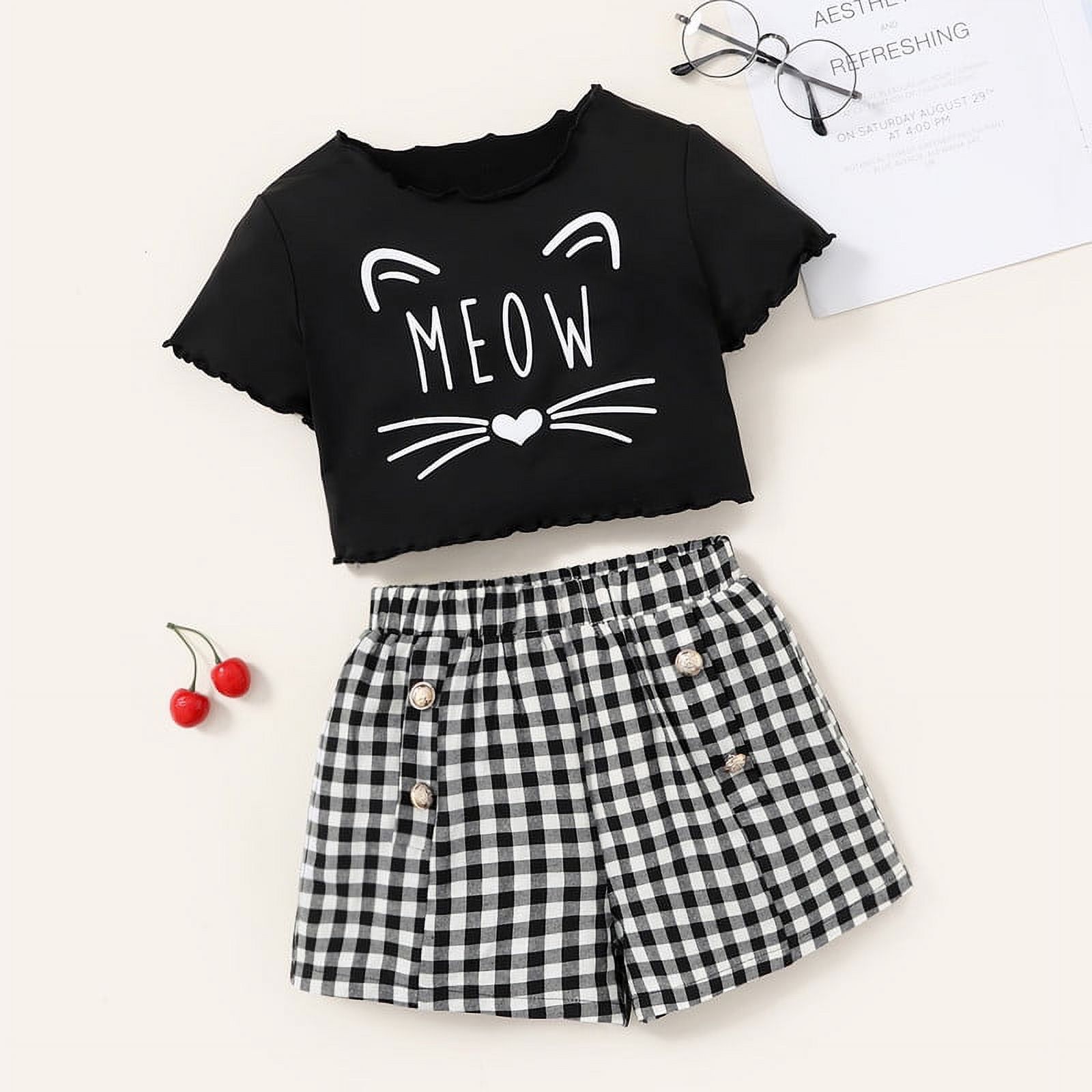 Big Girls Clothes Cute Cat Print 9 Years Kid Girls Casual Summer T-shirt Elastic Plaid Print Shorts 2Pcs Leisure Outfit Black