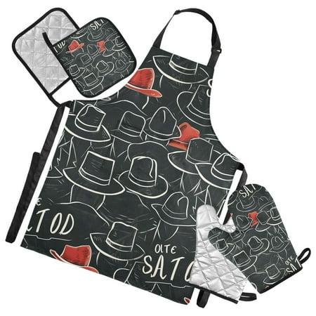 Hand Drawn Hats 5 Pcs Kitchen Set Heat Resistant Oven Mitts and Non-Slip Pot Holders with Adjustable Cooking Apron