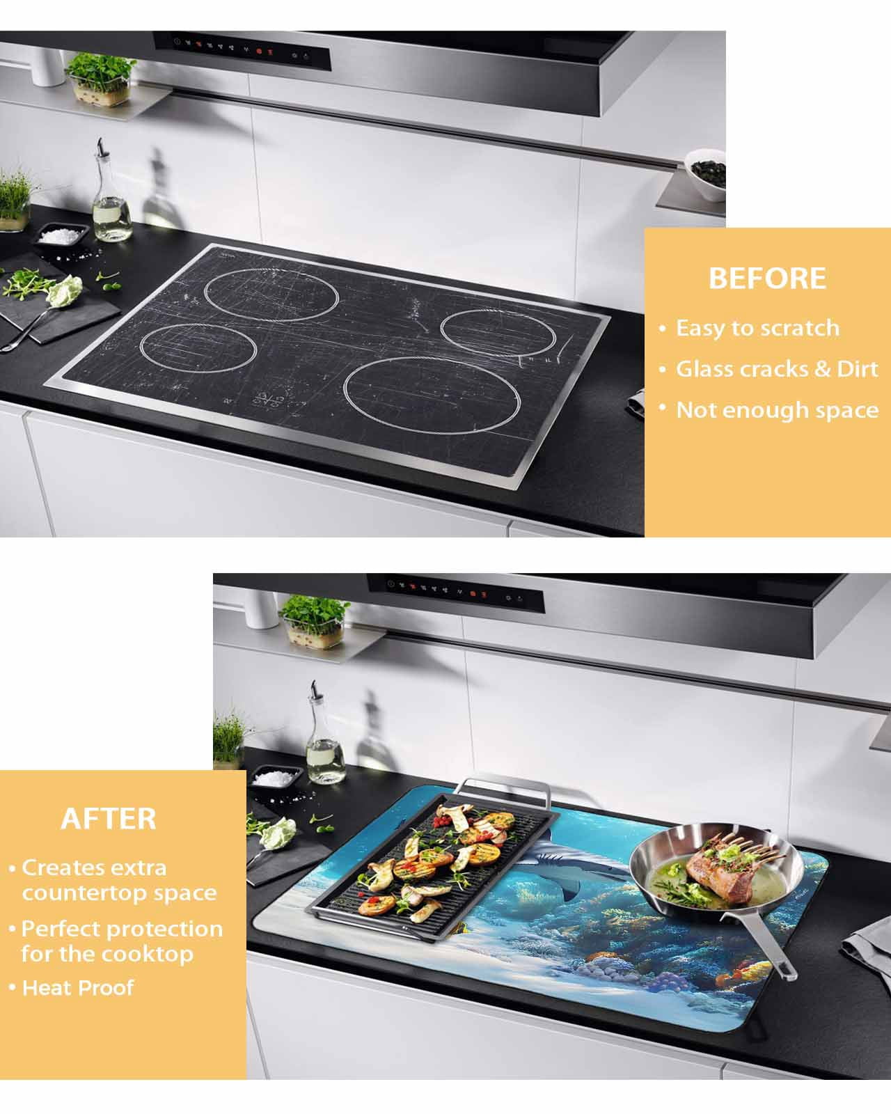 nqOlkjepod Large Induction Cooktop Protector Mat 24"x21", Shark Coastal Stove Top Covers for Electric Stove, Summer Beach Coral Ocean Nautical Stove Burner Cover Mats, Glass Top Stove Cover