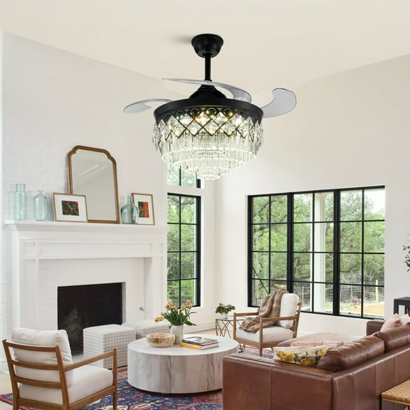 GMizon 42-inch modern diamond crystal ceiling fan light with remote control LED three-tone lighting restaurant invisible fan light, high-end living room study chandelier ceiling fan (black)