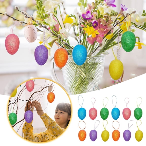 12PC Shimmering Easter Egg Decorations â Brightly Colored Foam Hanging Eggs for Easter Tree Filler & Family Parties - for Spring Celebrations and Festive Home Decor