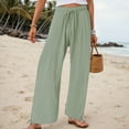 thumbnail image 2 of vigerkar Women's Cotton Linen Drawstring Wide Leg Pants High Waisted Casual Loose Trousers Straight Pants with Pockets Dark Green, M, 2 of 6