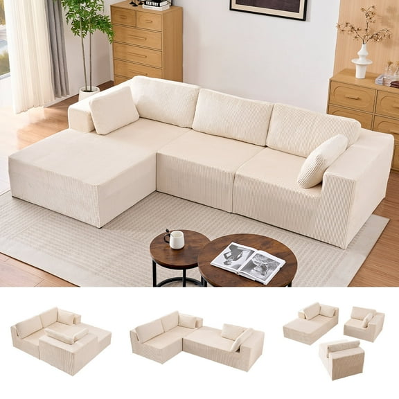 BALUS 106″ L Shaped Sectional Sofa with Chaise, Oversized Modular Corduroy Couch for Living Room, Cloud Couch with Iron Frame, Beige
