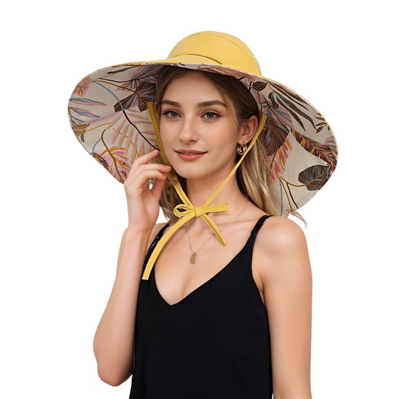 Wide Brim Sun Hat with Ponytail Hole Neck Tie Closure and Patterned Lining for UV Protection and Outdoor Style - Yellow