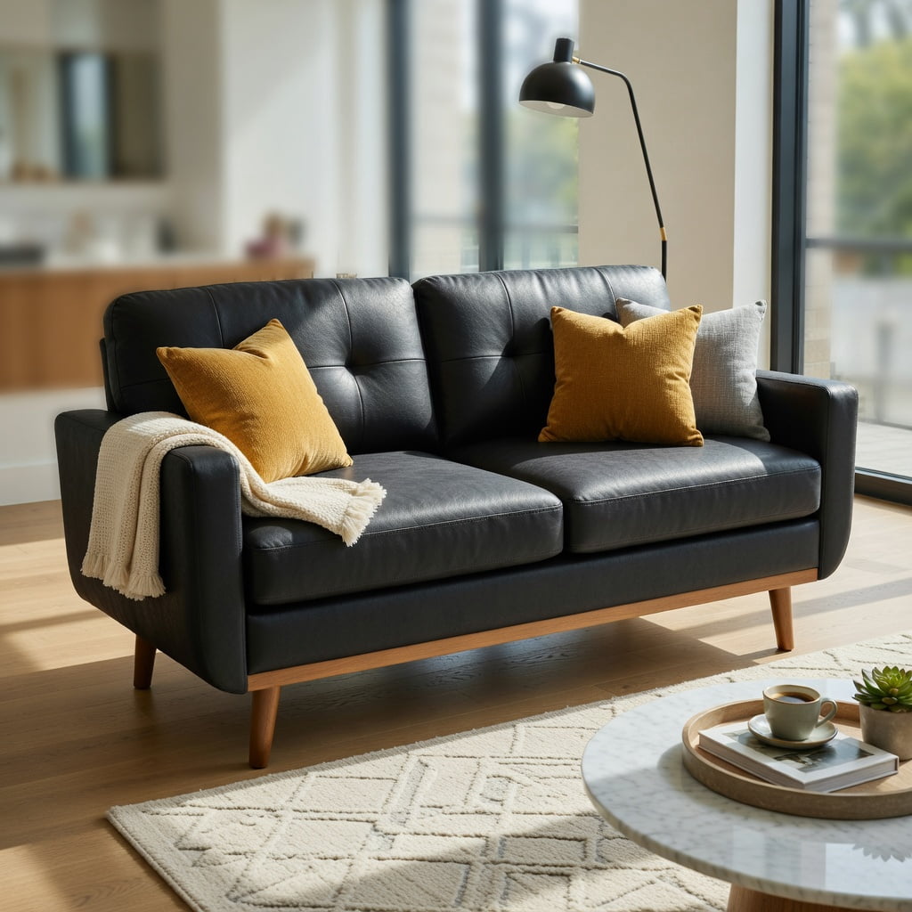 Hommoo 65" Mid-Century Modern Two-Seater Sofa, Breathable Foil Polyester Fabric, Solid Wood Legs, Tool-Free Assembly, Black