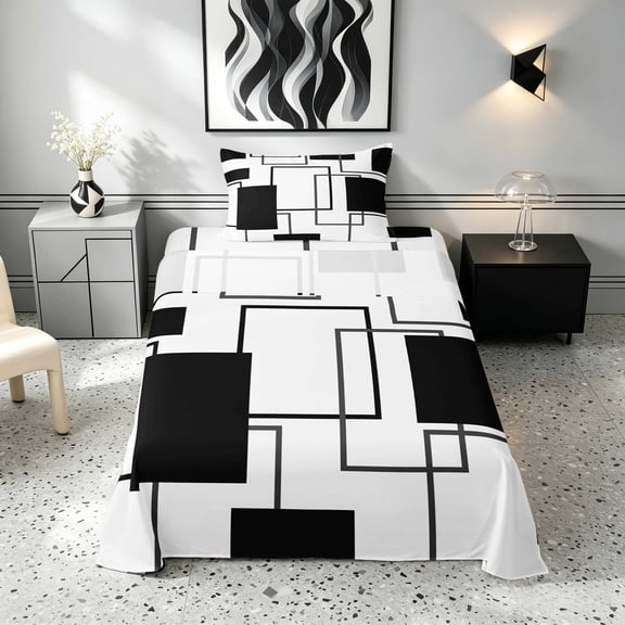 Manfei Geometric Black White Square Twin Sheets,Contemporary Simple Art Bedding, Black Reversible 3 Pieces1 Flat Sheet 1 Fitted Sheet 1 Pillowcase