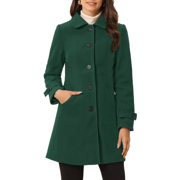 Abrigo de invierno para mujeres INSPIRE CHIC con cuello Peter Pan, de corte A, de un solo botón, hasta la mitad del muslo, talla 2XL, color verde oscuro