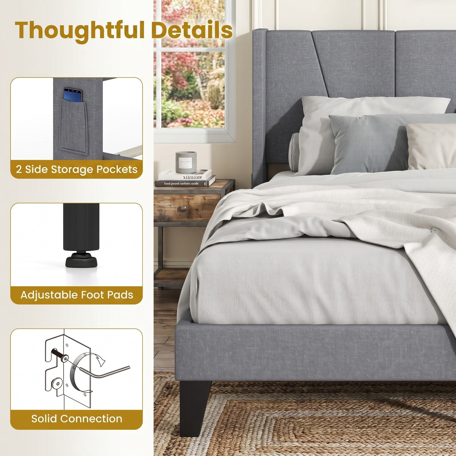 Furnibear Queen Bed Frame with Headboard, Upholstered Platform Bed with Wingback Headboard, Wood Slat Support and Side Storage Pockets, Gray