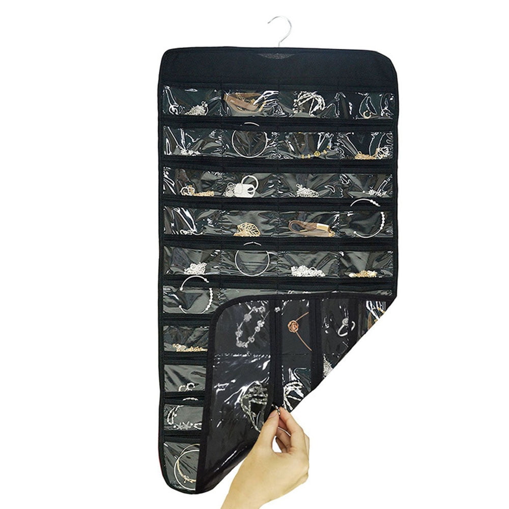NOGIS Hanging Jewelry Organizer Bag (80-Pockets) Dual-Sided, Thick Oxford Fabric, Zippered Storage, Clear PVC Plastic Windows, Roll-Up, Portable Travel, Rings, Earrings, Necklaces