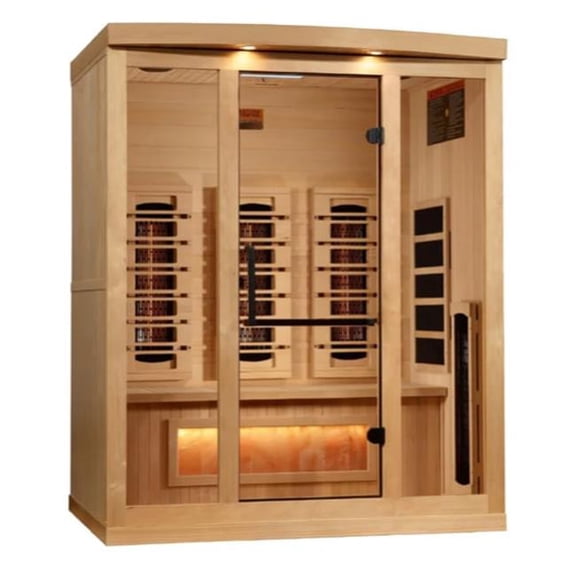 Golden Design Saunas GDI-8030-03 75 x 61 x 41 in. 3-Person Full Spectrum Pure Tech Near Zero EMF FAR Infrared Sauna with Himalayan Salt Bar - Canadian Hemlock - Natural