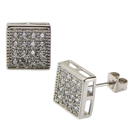 Body Art Stainless Steel with Clear CZ Stones in Pave Set Square Hip Hop Studs Earrings
