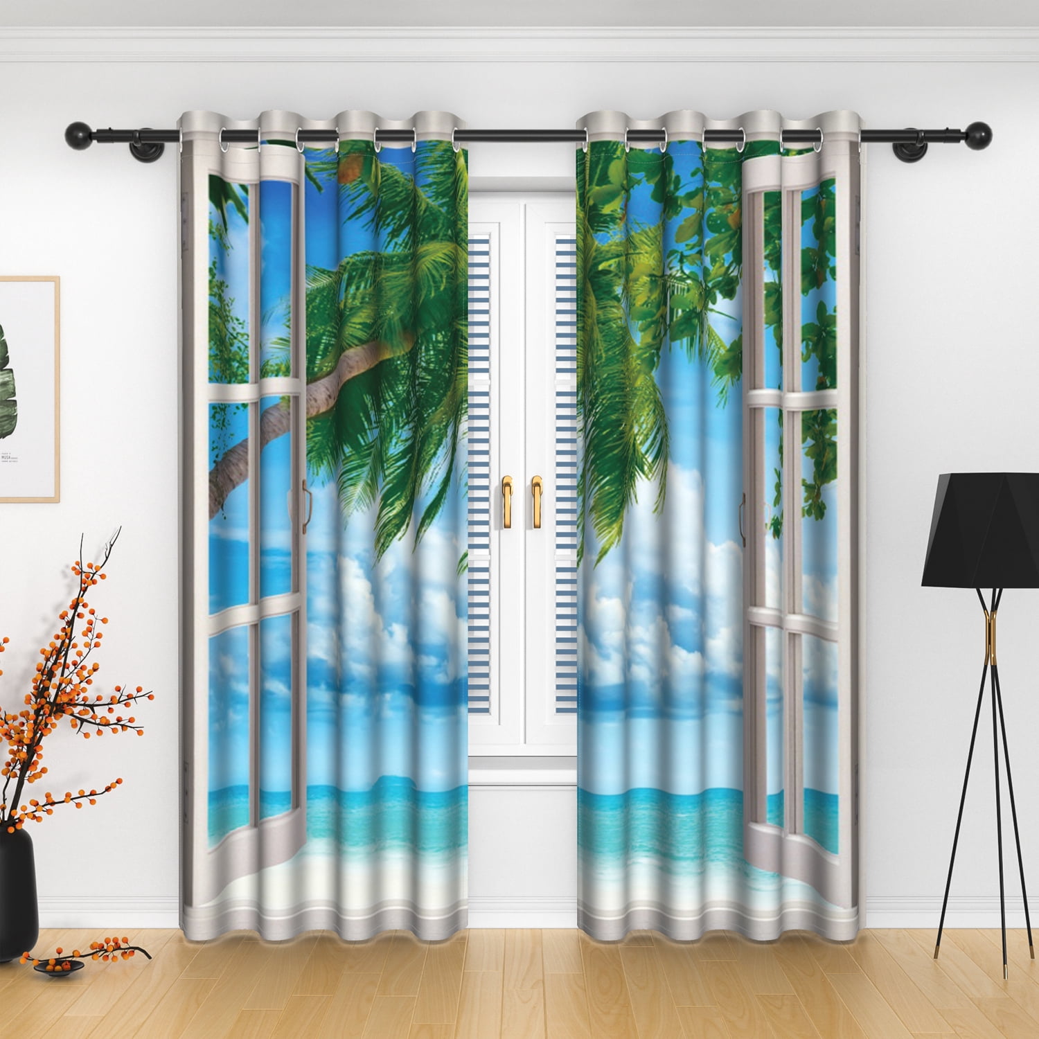 Summer Ocean Beach Blackout Curtains, Room Darkening Grommet Curtains, White Window View, 52"x96", 2 Panel