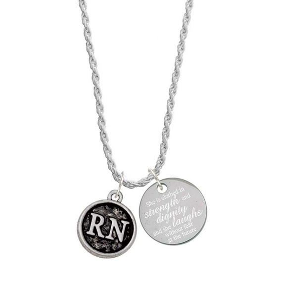 Delight Jewelry Silvertone Nurse Caduceus Seal - RN She is Clothed in Stength and Dignity Charm Necklace, 20" 3"