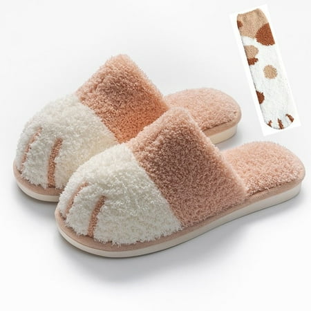 

CoCopeanut [Free Sock] Super Cute Cat Paw Women Fur Slipers Winter House Bedroom Keep Warm Plush Shoes Non-slip Indoor Women Furry Slippers
