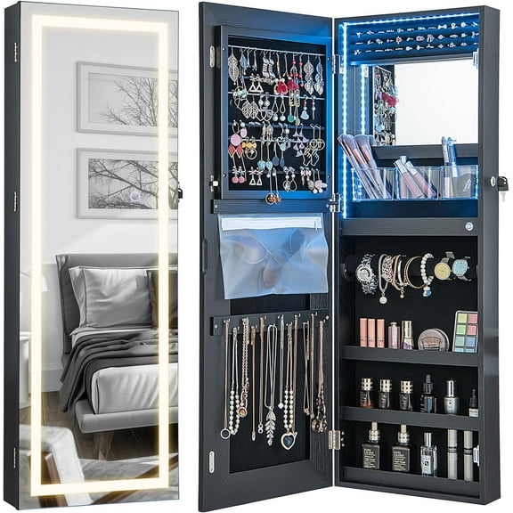 CHARMAID LED Mirror Jewelry Cabinet, Lockable Jewelry Armoire with Adjustable Lighted Full Length Mirror, 3 Lighting Sets, Wall Mounted Door Hanging Jewelry Storage Organizer (Black, 42.5''H)