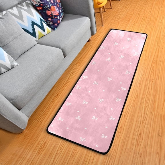 Valentine White Bows with Hearts Long Floor Mat Runner Rug Area Rug Carpet Water Absorbent Non-Slip 72" x 24"