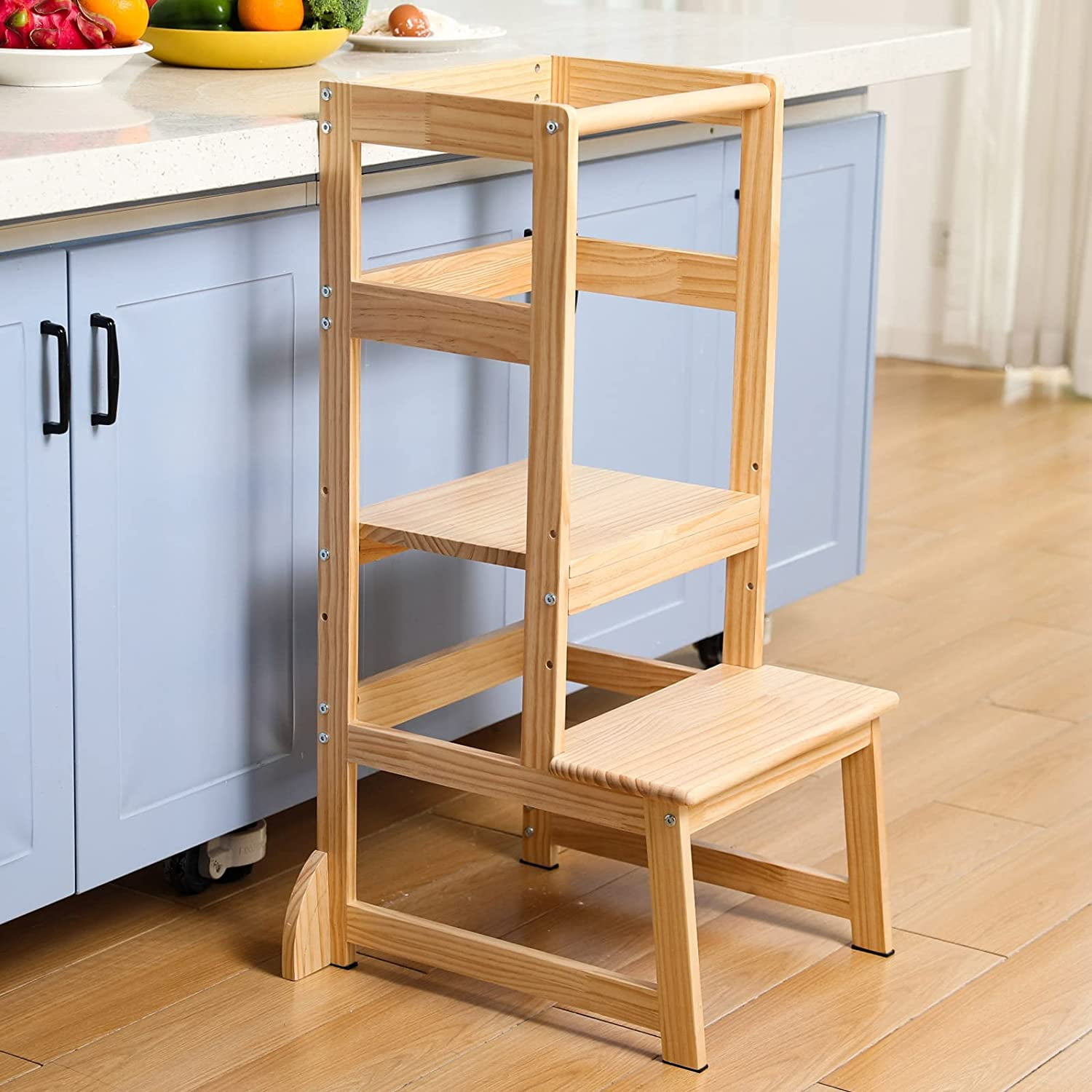 Kids Kitchen Step Stool for Kids with Safety Rail,Solid Wood
