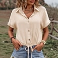 thumbnail image 2 of Women Summer Tops Women's Summer New Solid Color Button Up Cardigan With Tie Up Short Sleeves Womens Tops Casual Fit Stretch T Shirt Women Athletic Shirts Shorts Colorful Undershirts Ladies Beige S, 2 of 5