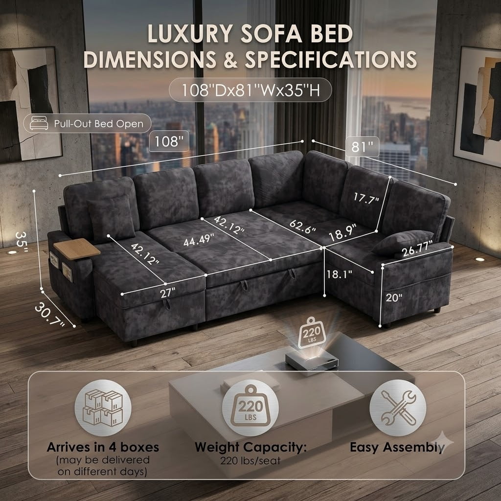 EPOWP 108" Sectional Sleeper Sofa, 7-Seater L-Shaped Modular Couch with Pull-Out Sofa Bed, Adjustable Backrest, Side Table & Charging Ports, Chenille Sectional Sofa for Living Room, Black