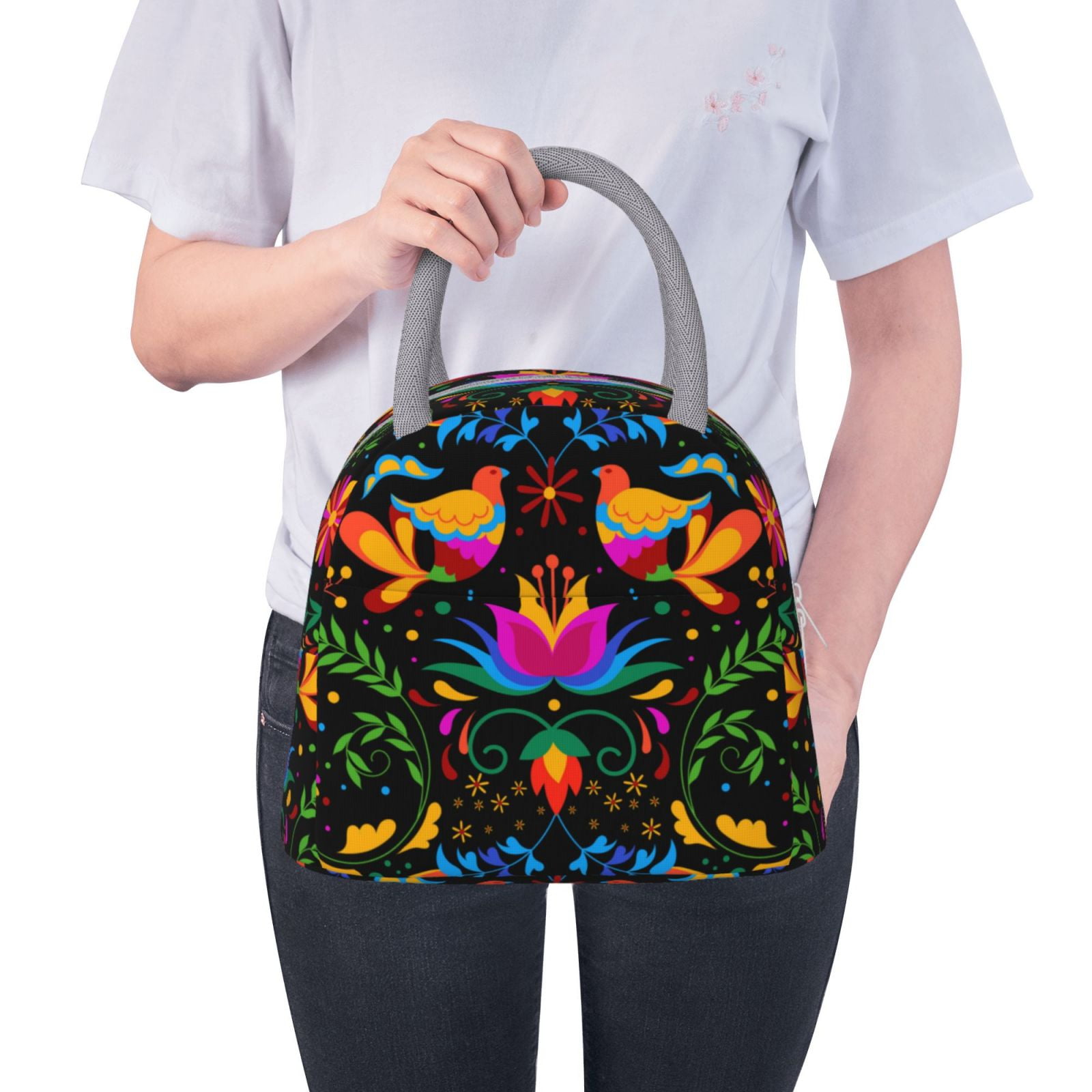 Horeoi Mexican Flower Traditional1 Pattern Large Insulated Lunch Bag for Work, School, Picnic - Waterproof, Durable Oxford Cloth, Comfortable Handle-Light Grey